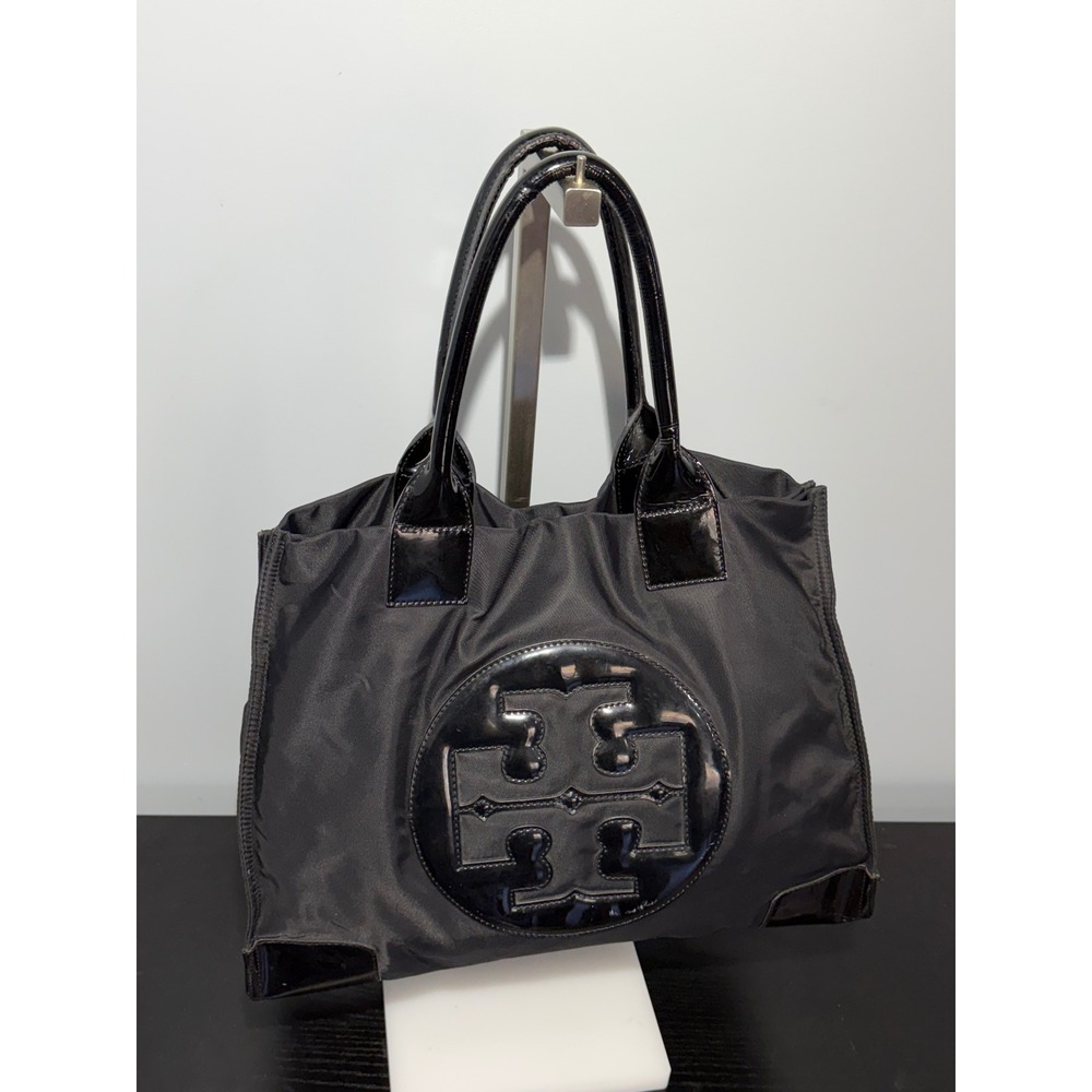 Tory Burch Ella Tote Bag Black Nylon Patent Leather Trim Large Shoulder Bag